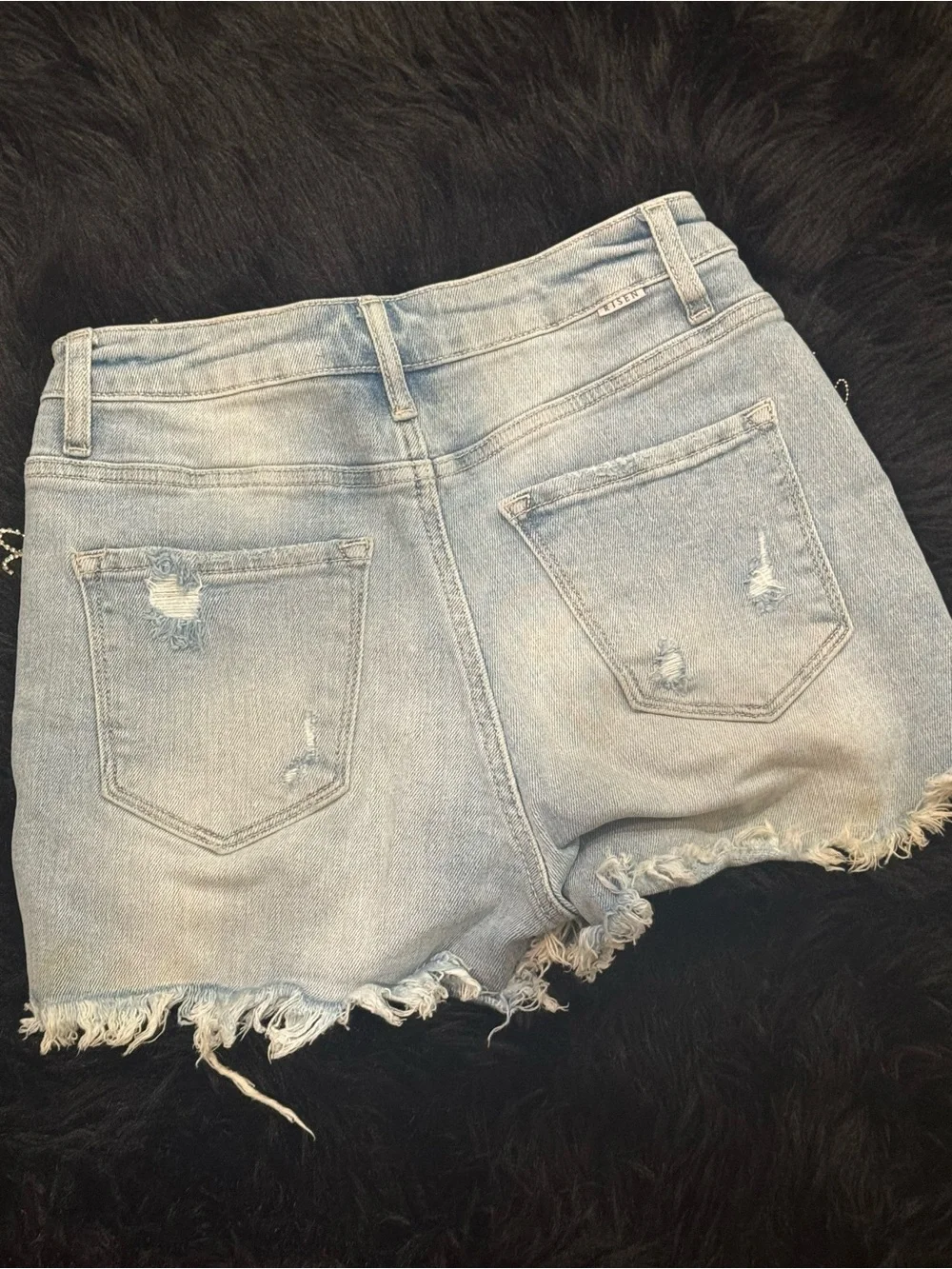 Risen Distressed Light Wash Denim Shorts with Chain Fringe